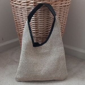 Neutral Woven Tote Bag with Black Trim